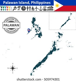 Vector of Palawan island, Philippines. Map contains regions and travel icons
