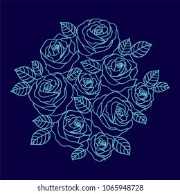 Vector pale blue outline roses wreath on the navy blue background. Floral design for greeting card