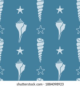 Vector Pale Blue Vertical Seashells on Blue seamless pattern perfect for invitations, packaging, wallpaper, fabric, and scrapbooking.  Contact me for custom projects- illustrations and vector designs.