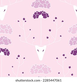 Vector pale purple seamless pattern background: The Flower Deer. Flowers are growing out of stylized deer heads with blooming antlers. Part of The Flower Tree collection.