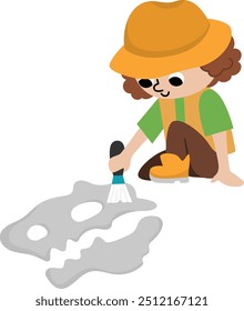 Ícone de paleontólogo vetorial. Cartoon arqueólogo menina clipart no chapéu limpando ossos de dino. Histórico dinossauro escavação ou escavações cientista ou explorador ilustração. Imagem turística
