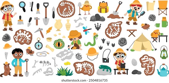 Vector paleontologist set. Cute prehistoric animal scientist icons collection. Dino researcher illustrations with fossils, bones, tools, brushes, spades, camping tent. Archaeologists elements for kids