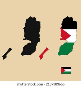 Vector of Palestine country outline map with flag set isolated on plain background. Silhouette of country map can be used for template, report, and infographic.