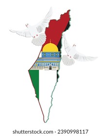 A vector of Palestine map in flag colour with Dome of the rock and flying pigeon. Free Palestine concept.