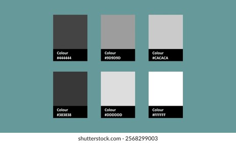 Vector palette featuring six shades of gray, ranging from dark to light, displayed in a grid format. Ideal for design projects requiring neutral tones