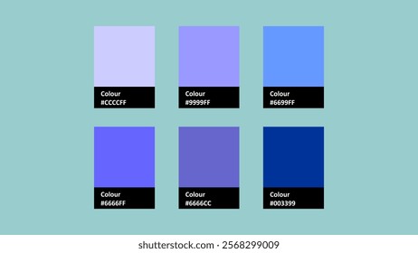 A vector palette featuring six shades of blue and purple, each displayed in a rectangular swatch with a black label indicating the color name. Ideal for design inspiration and color selection