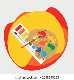 vector palette with paints. flat image of wood palette for art work. creative artist tools