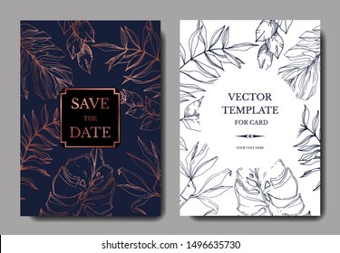 Vector Palm beach tree leaves jungle botanical. Black and white engraved ink art. Wedding background card decorative border. Thank you, rsvp, invitation elegant card illustration graphic set banner.
