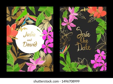Vector Palm beach tree leaves. Black and white engraved ink art. Wedding background card floral decorative border. Thank you, rsvp, invitation elegant card illustration graphic set banner.
