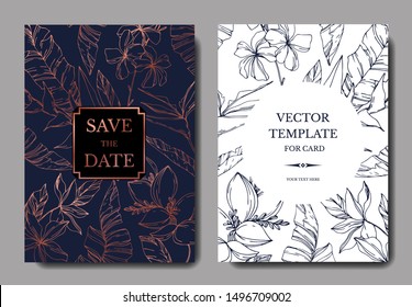 Vector Palm beach tree leaves. Black and white engraved ink art. Wedding background card floral decorative border. Thank you, rsvp, invitation elegant card illustration graphic set banner.