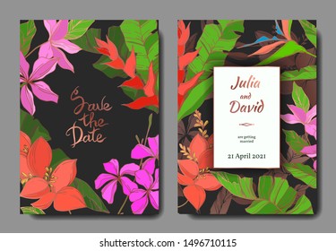Vector Palm beach tree leaves. Black and white engraved ink art. Wedding background card floral decorative border. Thank you, rsvp, invitation elegant card illustration graphic set banner.
