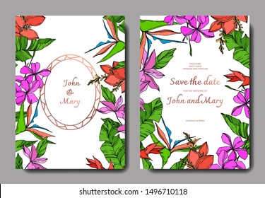 Vector Palm beach tree leaves. Black and white engraved ink art. Wedding background card floral decorative border. Thank you, rsvp, invitation elegant card illustration graphic set banner.