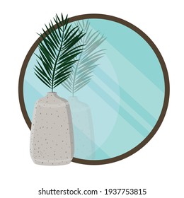 Vector palm branch in a vase with a mirror in a flat style isolated on a white background . Round mirror with a flower. Decor for a cozy home