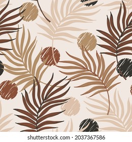 Vector palm leaf line art seamless pattern on earth toned scribble polka dot background. Hand drawn curved palm leaves silhouettes. Vector repeat illustration for summer beach print, wallpaper design