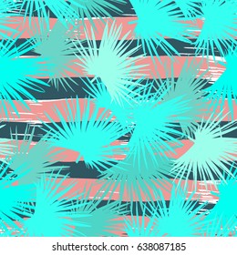 Vector palm leaves azure repeating floral pattern trendy color on a striped backgrounds line. Flora plants palm coconut leaves blue green color background.