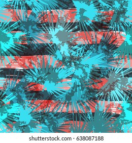 Vector palm leaves azure repeating floral pattern trendy color on a striped backgrounds line. Flora plants palm coconut leaves blue green color background.