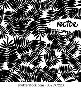 Vector palm leaves background. Abstract black leaves pattern seamless. Black and white tropical plants.