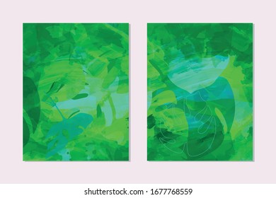 Vector Palm Leaves Background. Monstera leaf  pattern. Set of Textured artistic tropical backgrounds in retro style for wedding, invitation, web design, postcard, banner, web site header.