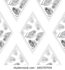Vector Palm Leaves Composition inside Rhombus in Black and White seamless pattern background. Perfect for fabric, wallpapper and scrapbooking projects.