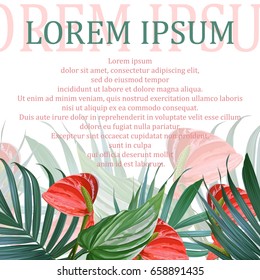 Vector palm leaves and flowers poster. Tropical banner. Stylish background with exotic plants. Hawaiian blooming design. Botanical brochure. Ttropic flower bouquet.