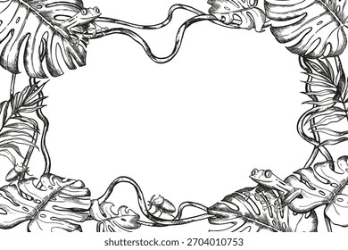Hojas de palma de Vector, árbol de bosque tropical dibujado a mano, marco Horizontal de follaje blanco y negro de tinta, planta de arbusto de selva exótica, Plantilla de decoración floral, palma de playa de arte lineal para tienda, decoración textil