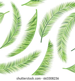 Vector palm leaves pattern, jungle tree branches seamless background. Exotic plants for clothes textile, fabric, wrapping paper. Bright green twigs isolated on white. Summer graphic design.