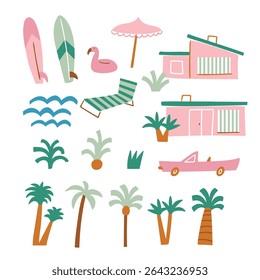 Vector palm springs illustration set. Summer vacation clip art.