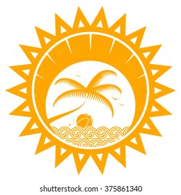 vector palm tree and beach ball floating on the waves in sun isolated on white background