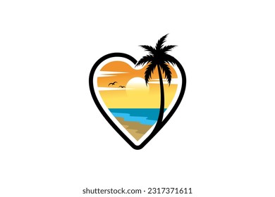 Vector palm tree and beach in love, modern love beach palm tree logo