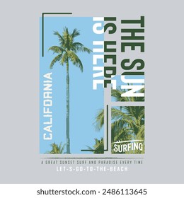 vector palm tree california sunset beach, Retro college varsity typography california slogan print, vector illustration, for t-shirt graphic.