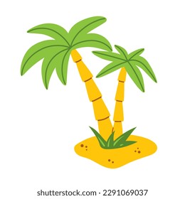 Vektorpalme in flachem Design. Zwei Palmen am Strand. Tropischer Kokospalm mit grünen Blättern. Exotische Sommerlandschaft mit Palmen.