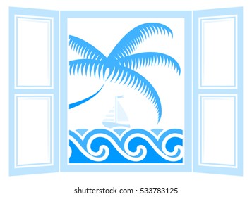 vector palm tree and floating sailboat outside the window isolated on white background