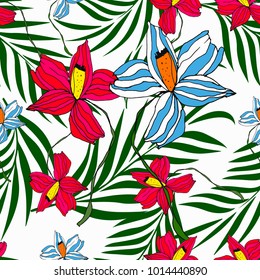 Vector palm tree and flower pattern seamless background wallpaper, textile, fabric