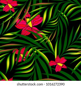 Vector palm tree and flower pattern seamless background wallpaper, textile, fabric