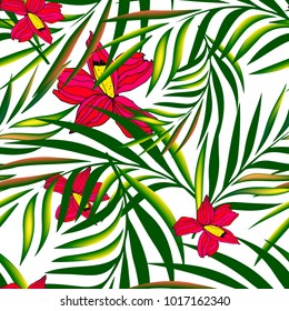 Vector palm tree and flower pattern seamless background wallpaper, textile, fabric