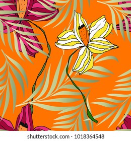 Vector palm tree and flower pattern seamless background wallpaper, textile, fabric