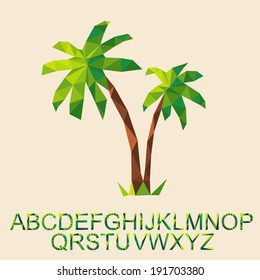 Vector palm tree with font by triangles, polygon vector illustration 