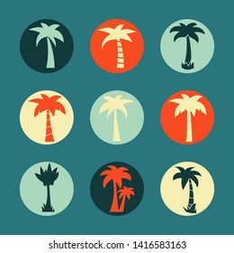 Vector palm tree icon ,sign,symbol,pictogram set isolated on a blue background in flat style .Exotic,tropical plants collection