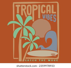 vector palm tree and landscape and surf wave and surf board  illustration for t shirt print