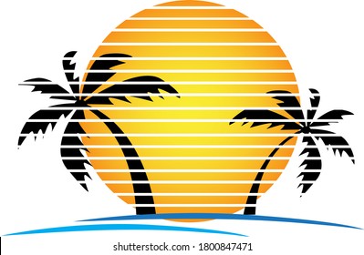 Vector of palm tree silhouettes on a gradient sunset. Retro style 80s logo or icon illustration design