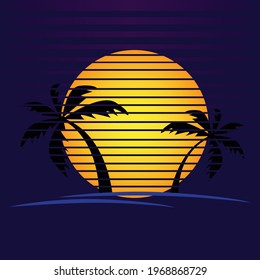 Vector of palm tree silhouettes on a gradient sunset. Retro style 80s logo or icon illustration design