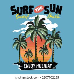 vector Palm tree, sunset, sunrise, surfboard, surf the sun, Good Vibes Sunset , The Big Surf, big Waves with sunset, retro stripe, surfboard. summer vibes T- shirt design. beach text,  waves and sun
