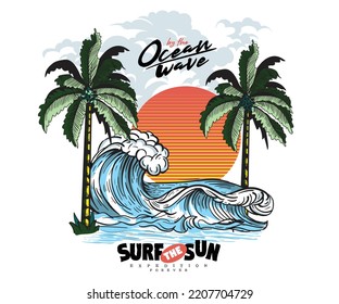 vector Palm tree, sunset, sunrise, surfboard, vector graphic print design. Summer paradise watercolor artwork for t shirt, poster, sticker and others uses.beach text with waves and sun vector