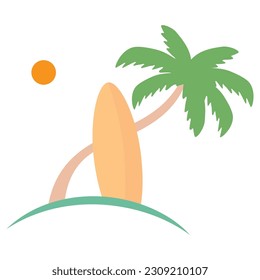 Vector palm tree with surfboard illustration, Toropical summer icon.