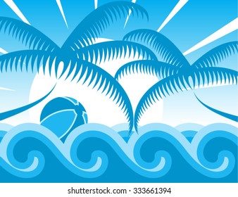 vector palm trees and beach ball floating on the waves