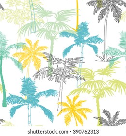 Vector Palm Trees California Grey Blue Yellow Seamless Pattern Surface Design With Exotic, Decorative, Hand Drawn Plants.