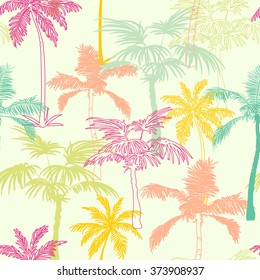 Vector Palm Trees California Pink Green Yellow Seamless Pattern Surface Design With Exotic, Decorative, Hand Drawn Plants.