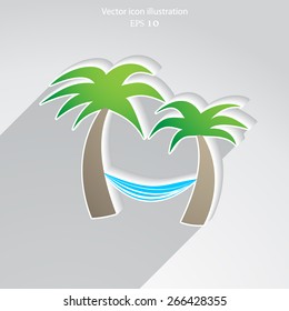 Vector palm trees with hammock flat icon illustration.