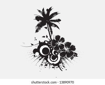 palmeras vectoriales con flores de hibisco y fondo de ciruela
