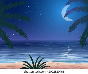 Hojas de palmeras vectoriales en el fondo de la costa oceánica por la noche